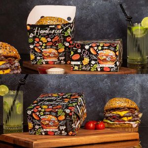 چاپ جعبه همبرگر بیرون بر قفلی یکی از استانداردترین و مطمئن‌ترین بسته‌بندی‌ها برای فست‌فودها و رستوران‌هایی است که همبرگر را به‌صورت گرم، تازه و سالم به مشتری ارائه می‌کنند.